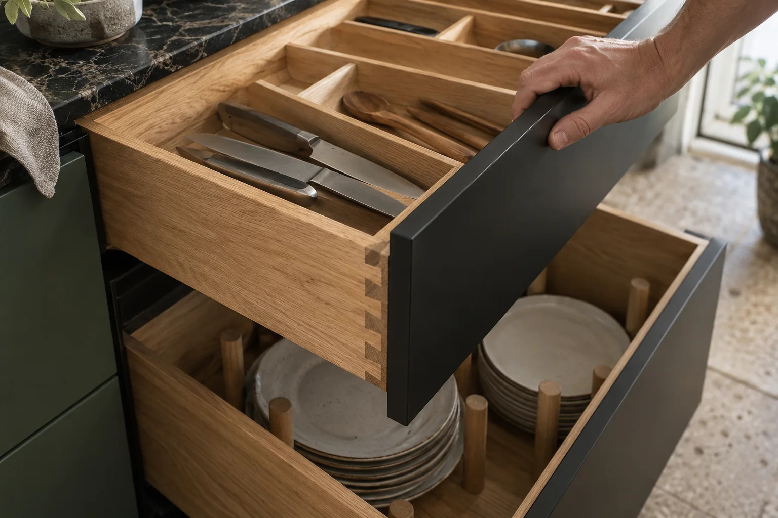Ein geöffneter Auszug aus heller Eiche mit gezinkter Ecke und Besteckeinsatz aus Holz.