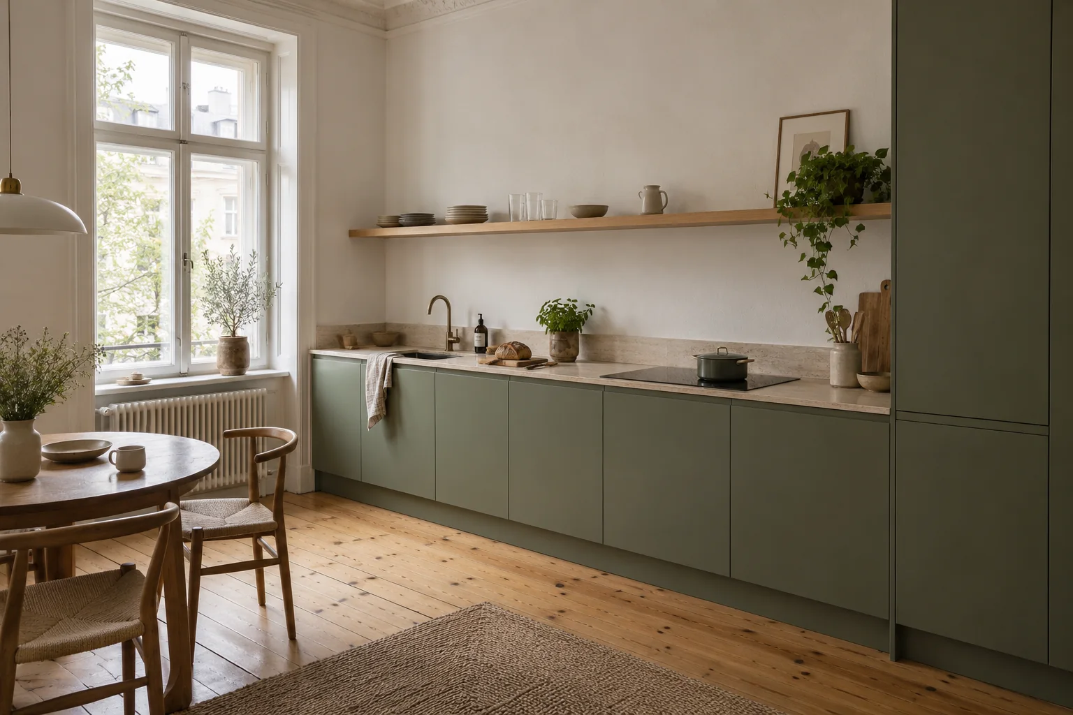 Küchenzeile in Salbeigrün mit Arbeitsplatte aus Travertin an einer Wand einer Altbauwohnung, hohe Decke mit Stuck, Dielenboden.